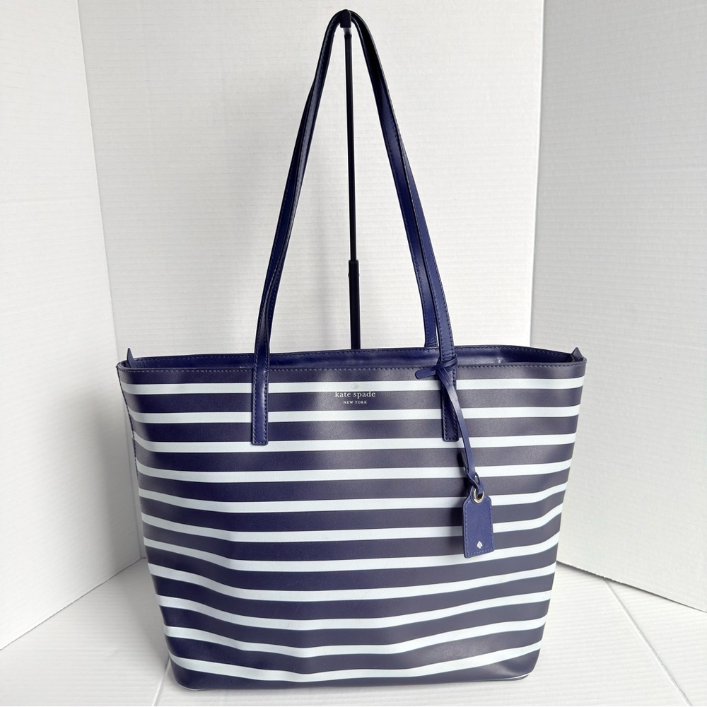 Kate Spade New York Navy Blue Striped Leather Tote Bag